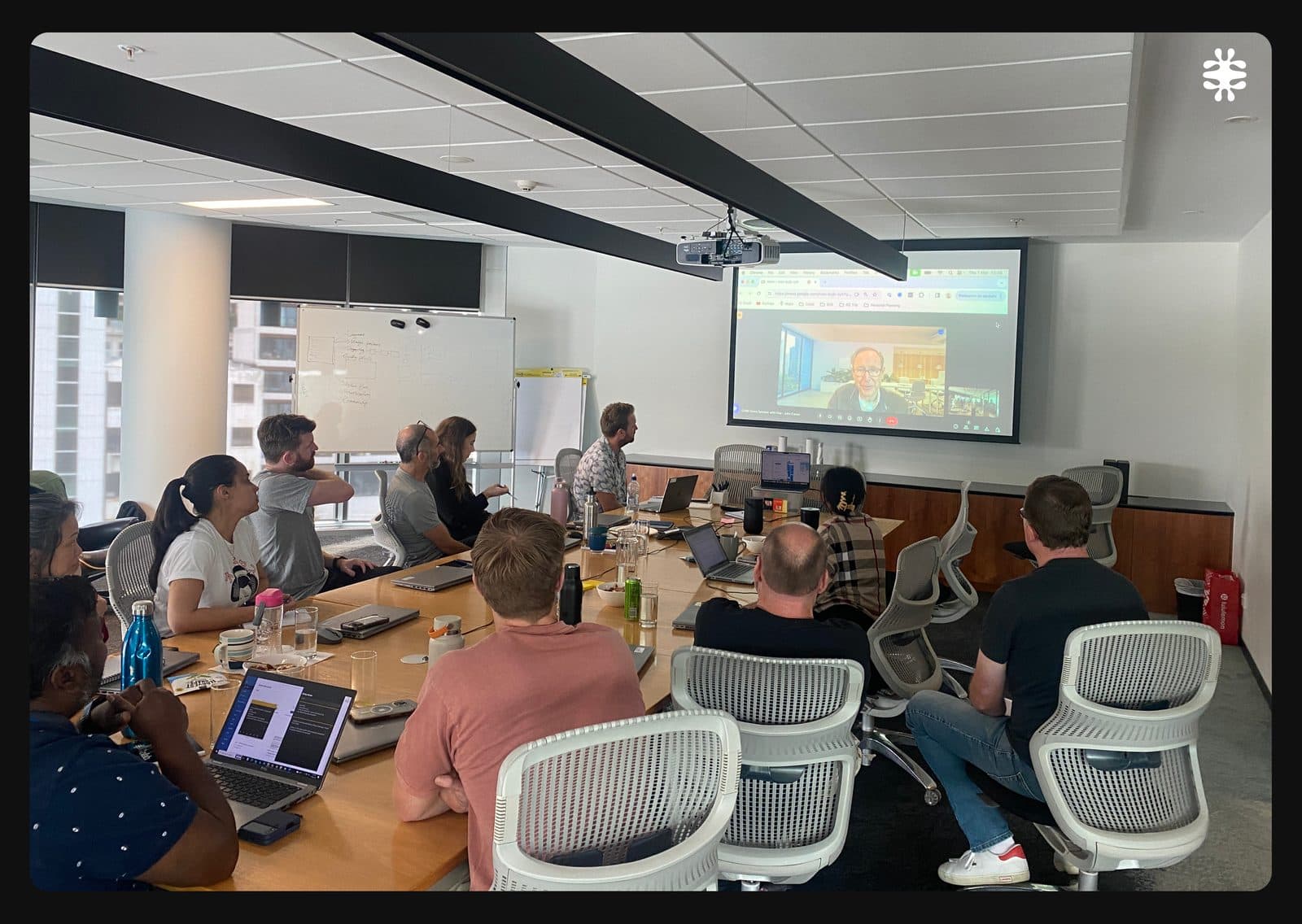 The Visa team working through a product canvas on the big screen during an accelerator session.
